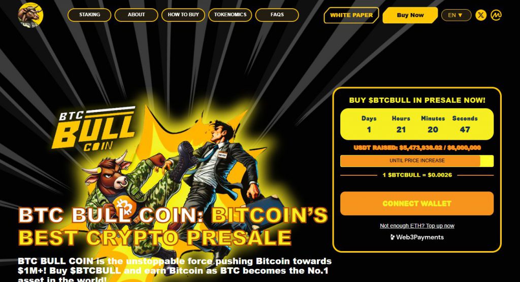 BTC Bull Token voorverkooppagina met de huidige voortgang van fondsenwerving