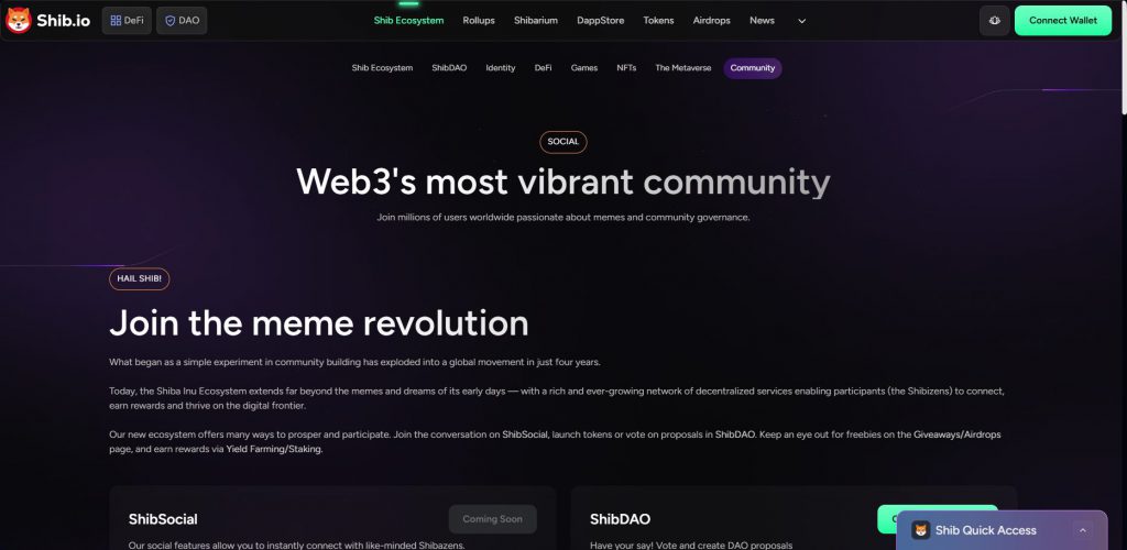 Shiba Inu Ecosystem Homepage die community -functies benadrukt