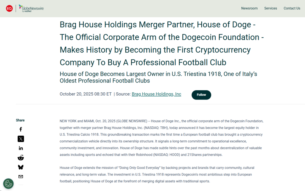 Officieel persbericht waarin de overname van House of Doge wordt aangekondigd